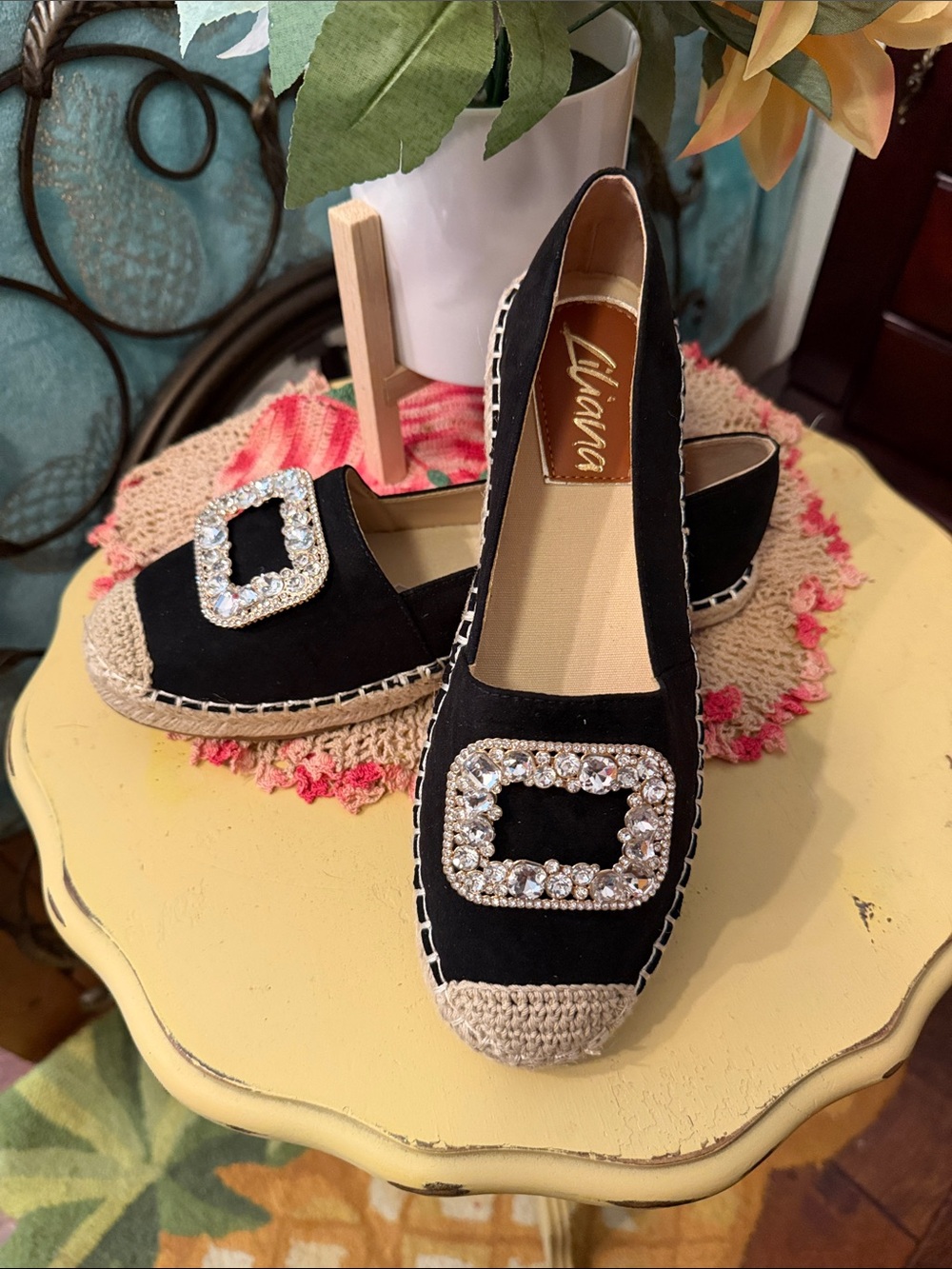 🥸🥸🥸BOGOHO🥸🥸🥸Liliana Black Espadrille Flats with Crystal Buckle-9